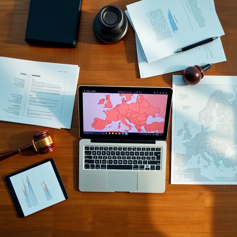 Spațiu de lucru cu documente juridice, hartă europeană și date despre jurisdicții